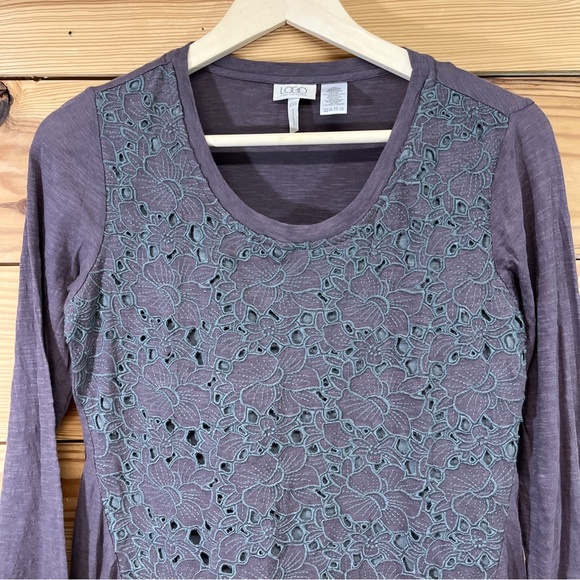 LOGO Lori Goldstein Shirt XXS A279027 Purple Swing Gray Embroidered 3/4 Sleeve - Picture 2 of 11